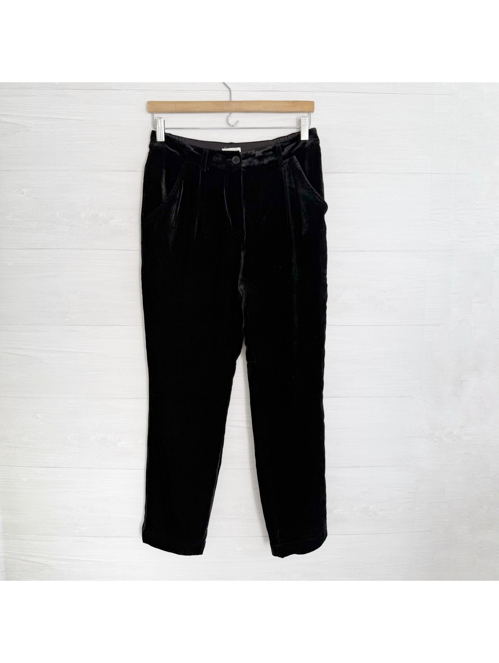 Garnet Hill Velvet Pants Women 4 Black Silk Blend Straight Leg Dress Trousers